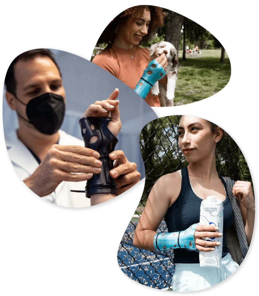 Three different photos. First is a woman with a 3D printed cast on her wrist giving a treat to a puppy. Second is a doctor fitting a 3D printed cast on a patient. Third is a woman wearing a 3D printed cast on her wrist finishing a workout.